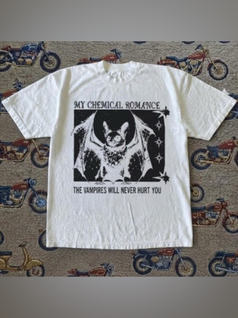 White Graphic Band T-Shirt - 'The Vampires Will Never Hurt You'